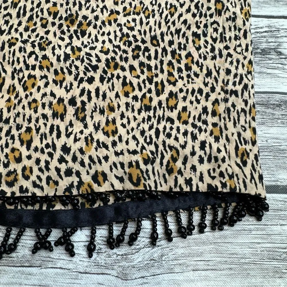 Allison Taylor Petite Silk Leopard Pencil Skirt Beaded Fringe Women’s 8P